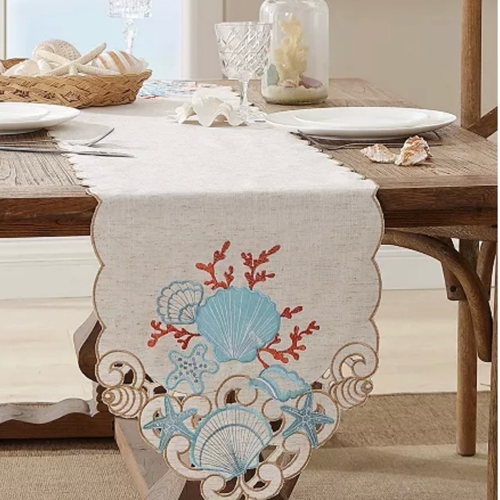 Seaside Elegance Embroidered Table Runner - Cream and Blue